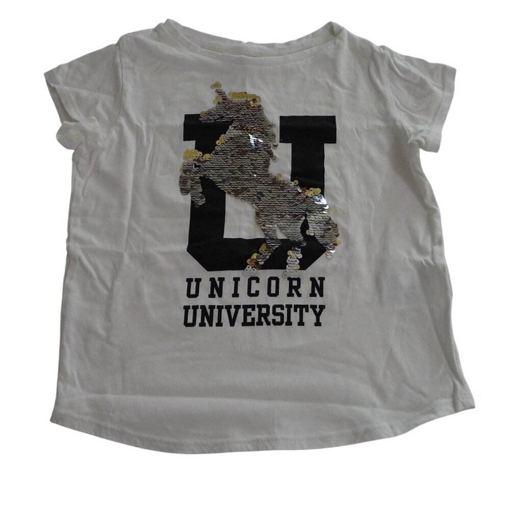 H&M Unicorn University T-Shirt Reversible Sequins Girls Size 8-10 Yrs White